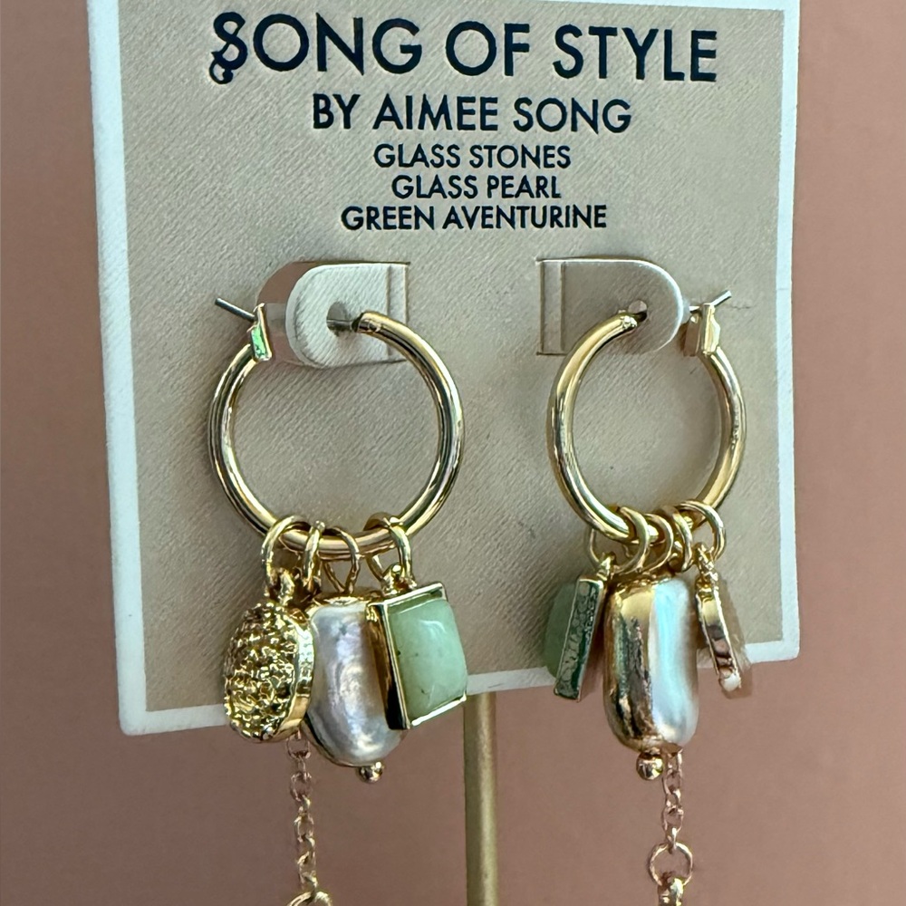 Song of Style Aimee Song Gold Green Hoop Dangle Charm Pearl Aventurine Earrings - Picture 3 of 7